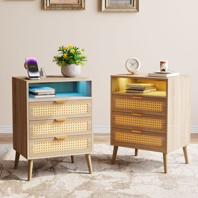  17" W Rattan Nightstand with 3‑Drawer, LED Light & Charging Station
