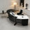 Bureau blanc minimaliste irrégulier avec plateau incurvé, rangement multifonctionnel et structure stable