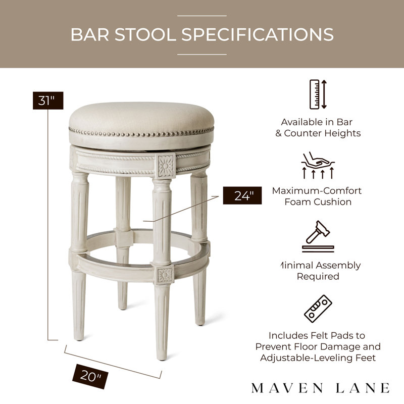 Alabaster White Swivel Backless Bar Stool with Hand-Carved Wood
