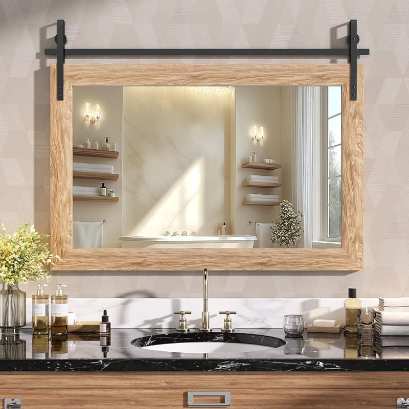 Miroir décoratif moderne en bois massif de style campagnard rustique, 40 po x 26 po, Brun