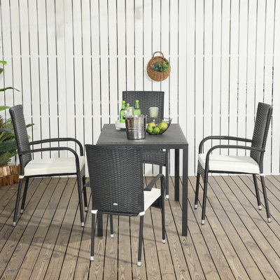 Chaises de salle à manger empilables en rotin avec coussins, ensemble de 4 chaises de patio en osier avec accoudoirs et dossier pour patio, terrasse, blanc crème, chaise