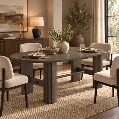 72 Inch Oval Dining Table for 6 with Oak Veneer Top and Fluted Double Pedestal Base