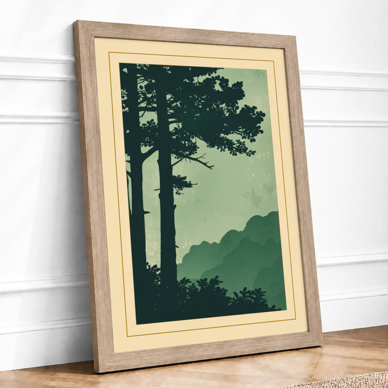 Mountain Pine Silhouette Japandi - Framed Print, A4 - 29.7 x 21.0 cm, Oak