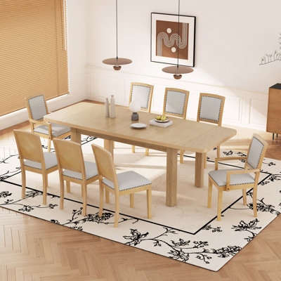 Rustic Extendable 84Inch Dining Table Set With 24Inch Removable Leaf , 6 Upholstered Armless Dining Chairs And 2 Padded Arm Chairs, 9 Pieces