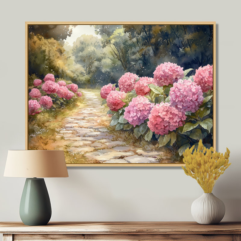 Hydrangeas By The Stone Path I - Hydrangea Wall Art for Living Room, H 12 po x l 20 po, Impression encadrée flottante