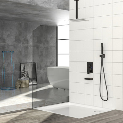 Shower System With Waterfall Tub Spout And -Balanced Valve - 12" Ceiling Mount Square Rain Head, Handheld, Oil-Rubbed Bronze Finish, Cleanable Mounted Kit Feature Handheld Spray 12 Inch Rainfall Oil
