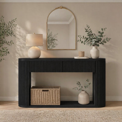 Console ovale cannelée avec 2 tiroirs et tablette inférieure, table d'entrée en bois avec glissières en métal lisse pour le salon et le vestibule