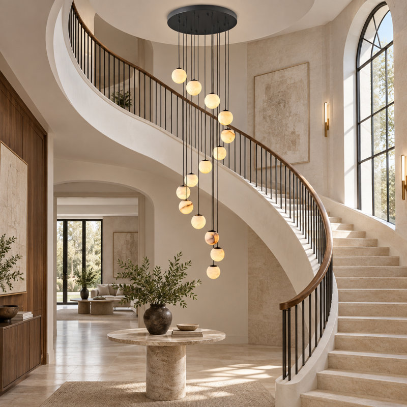 Lustre d'escalier en albâtre à 14 lumières, Noir mat