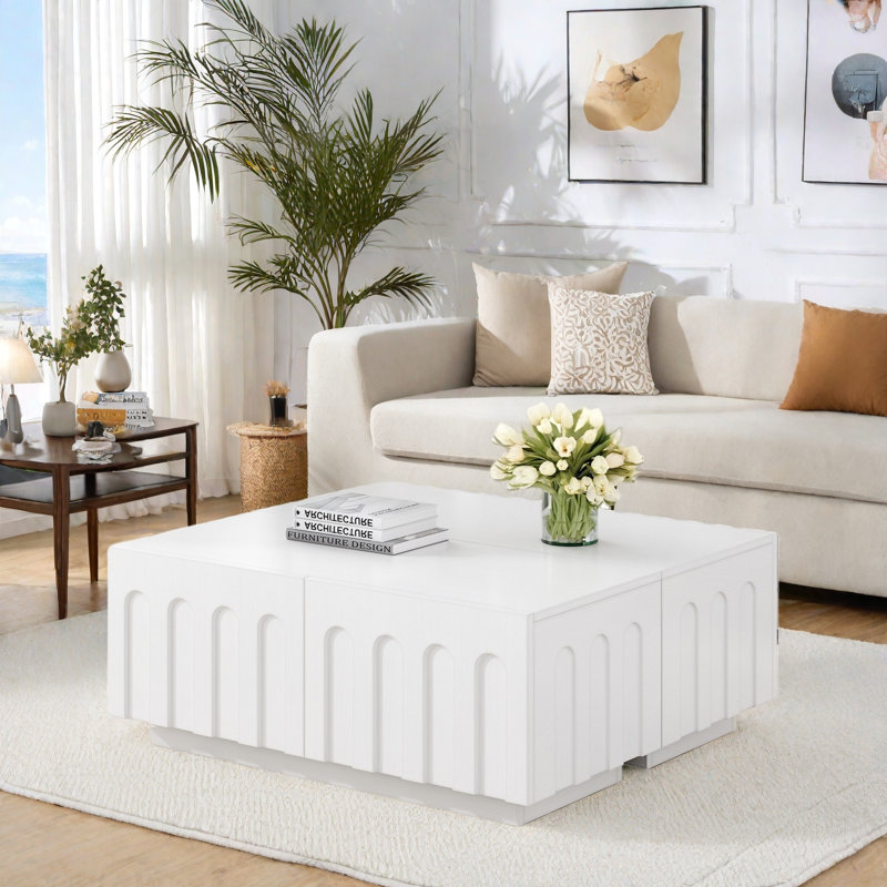 Table basse moderne à double usage avec meuble télé arqué et 4 tiroirs, Blanc