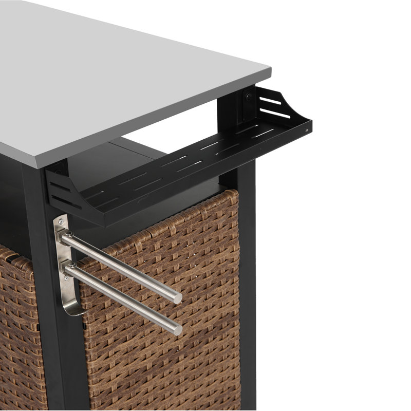 47.24“ Loutdoor Kitchen Wicker Island Rolling Cart & Storage Cabinet With Wheels And Stainless Steel Extended Table Top