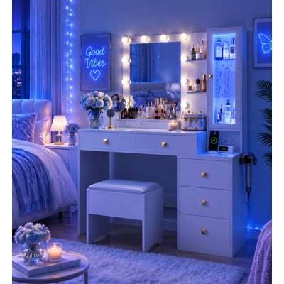 Vanity Desk with Mirror and Lights, Makeup Vanity with 5 Drawers and Hidden Jewelry Organizer