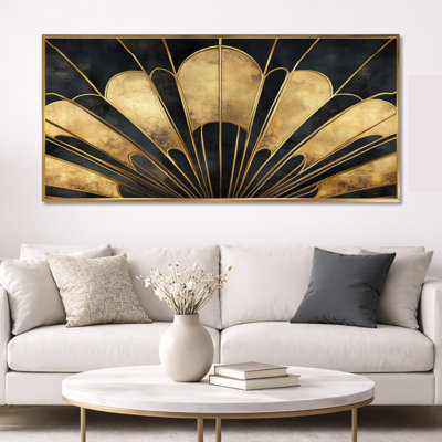 Gold Geometric Canvas, Art Deco Wall Art, Golden Fan Geometry