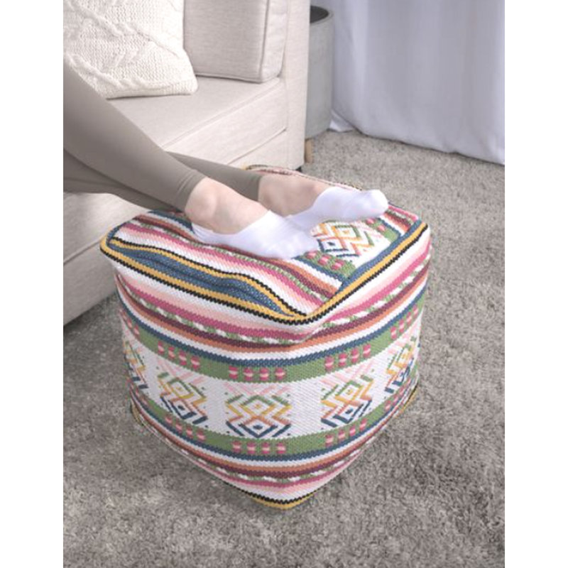 Pouf carré imprimé à la main péruvien - Coussin de sol multicolore, carré de 16 po, limite de poids de 200 lb, élément décoratif, nettoyage des taches, tapis fait à la main rempli de perles, 16 x 16 x 16, capacité de 200 lb,