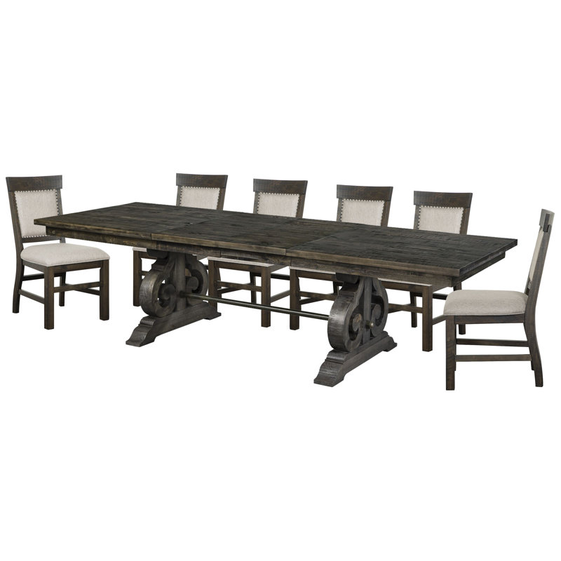 Extendable Rectangular Dining Table With 6 Upholstered Side Chairs, 7 Pieces: Table, 6 Chairs