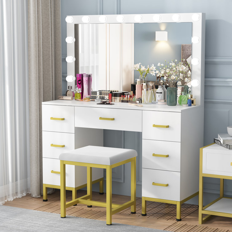 Makeup Vanity with Lights, Vanity Desk with Openable Mirror & 3-Color  Dimmable, White Vanity Table with Charging Station, Makeup Desk with Visual