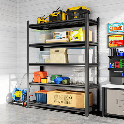 Tablette ajustable en métal noir à cinq étages pour garage, capacité de charge de 2 500 lb, H 71,2 po x L 47,76 po, P 23,58 po, capacité de rangement, finition rouille durable