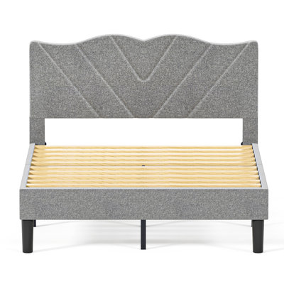 Full Size Bed Frame With Upholstered Headboard & Solid Wood Slats, Grey - No Box Spring Needed, Easy Assembly, Heavy-Duty And Wooden Required, Metal Combination