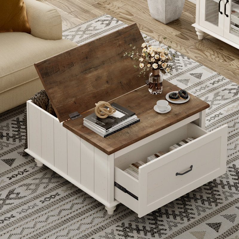 Farmhouse Coffee Table With Flip Top And Drawer, White