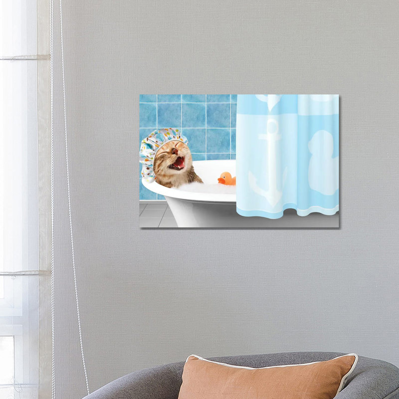 Funny Cat Is Taking A Bath With Toy Duck - Print on Canvas, Wrapped Canvas, 45.72cm H x 66.04cm W x 1.91cm D