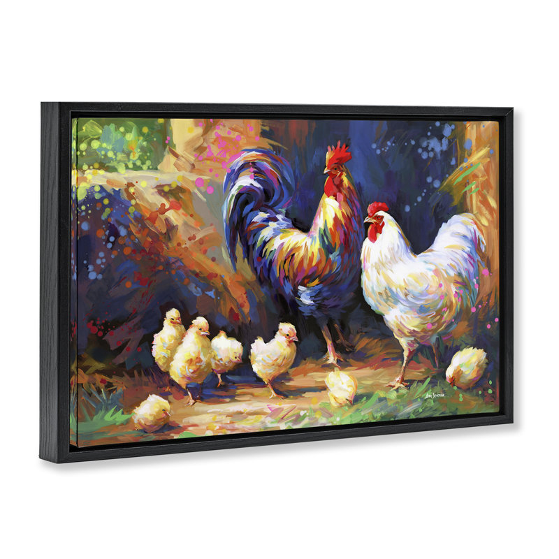 «Chicken Family Paint Splatter» par Leon Devenice, Cadre flottant noir de jais, H 21 po x l 31 po