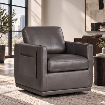 Fauteuil pivotant d'appoint en cuir véritable de 76 cm (30 po) avec poche latérale réglable et structure en bois massif