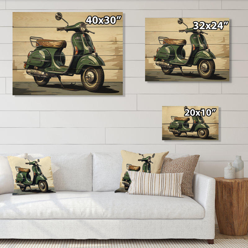 Kayliann, scooter vert rétro, impression électrique sur bois, H 30 po x l 40 po x P 0,78 po