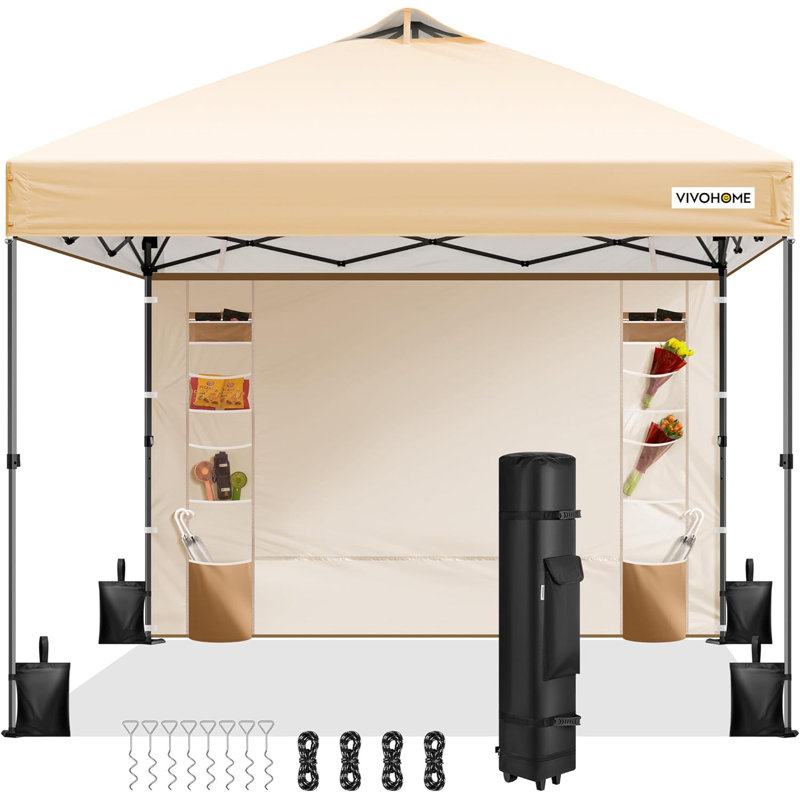 8x8ft Pop Up Canopy Tent with Detachable Sidewall, Beige, 10ft x 10ft