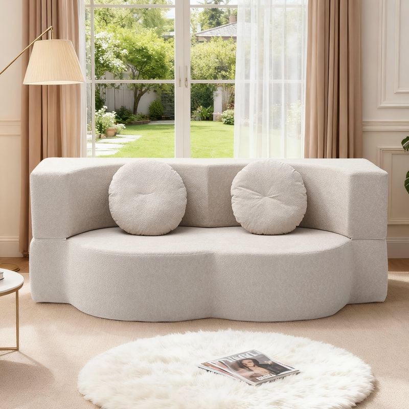 Canapé-lit pliable en velours sans os 75,5 po Lychee, sans assemblage requis avec deux coussins, kaki, Velours beige