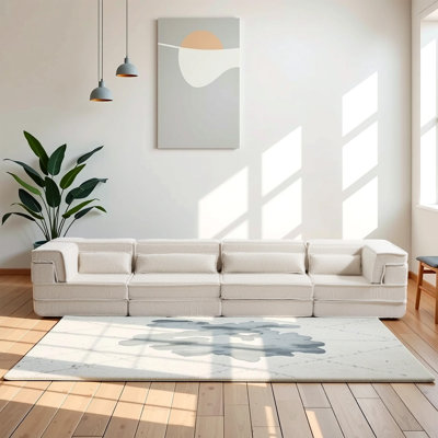 Compression Mahjong Sofa,Convertible Floor Sofa Bed,DIY Boneless Modular Sectional Sofa,No Assembly Required,Circle fleece fabric,Oversized 4 Seater with 4 Pillows,White