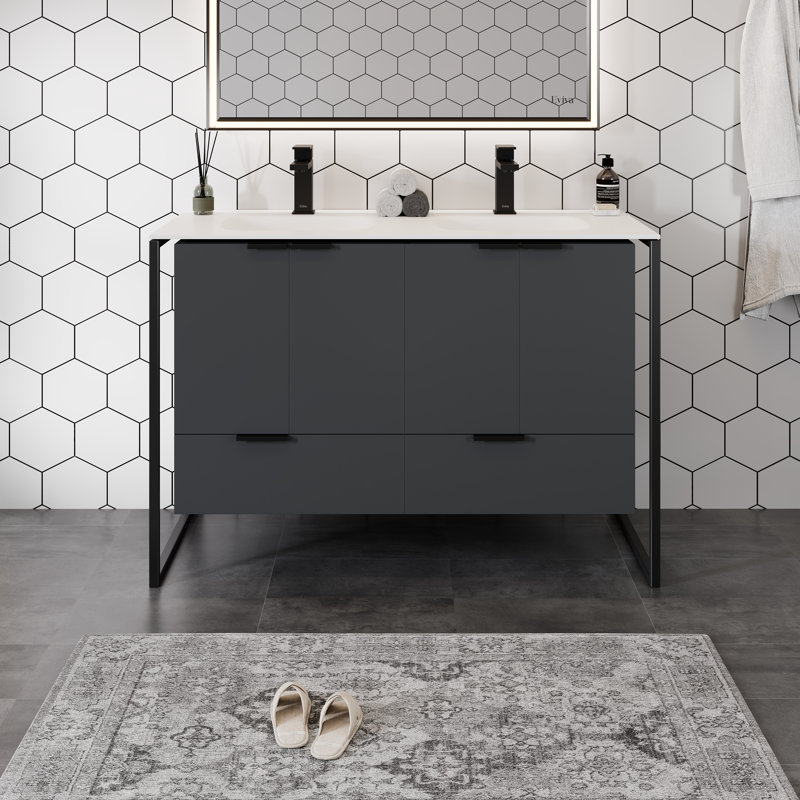 Mendiola  Meuble-lavabo mural double avec surface solide et lavabos intégrés, Gris