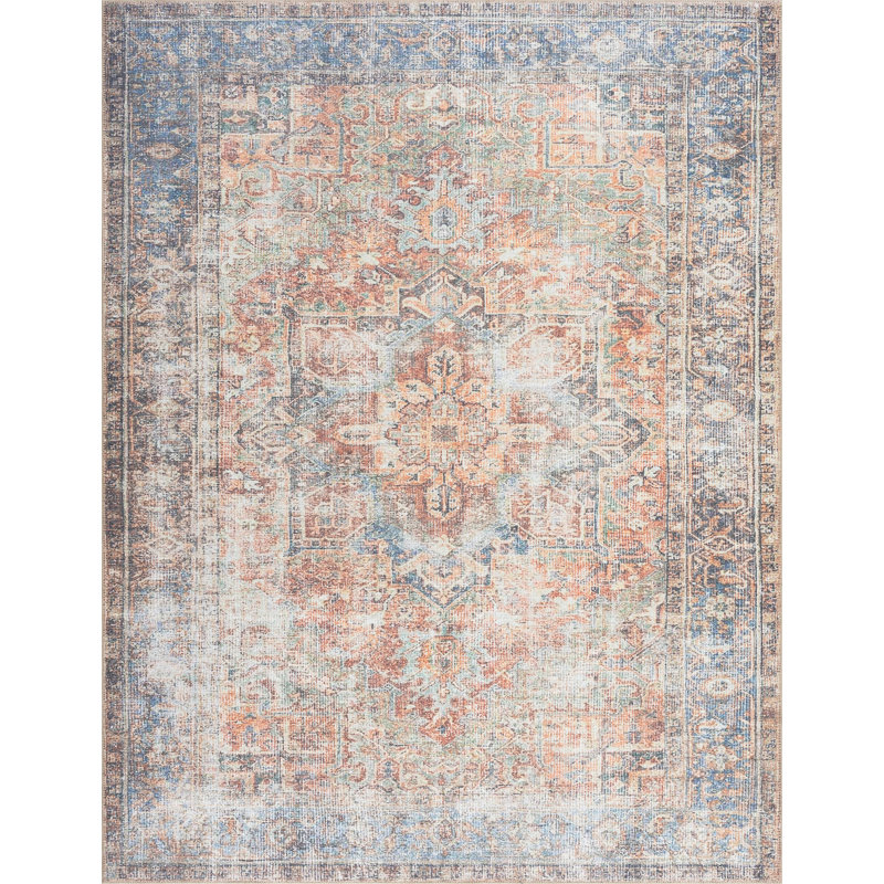 Machine Washable Callum Traditional Oriental Beige/Blue/Pink Rectangle Area Rug, Rectangle 5'3" x 7'3"