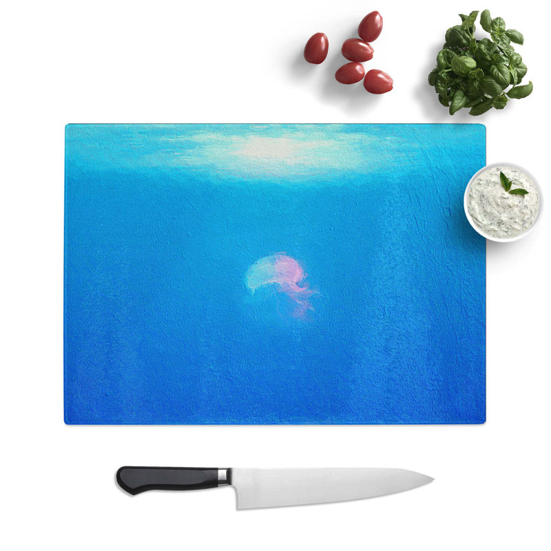 Glass Jellyfish in Pink & Blue With Sunlight Chopping Board, 28.5 cm W x 20 cm L