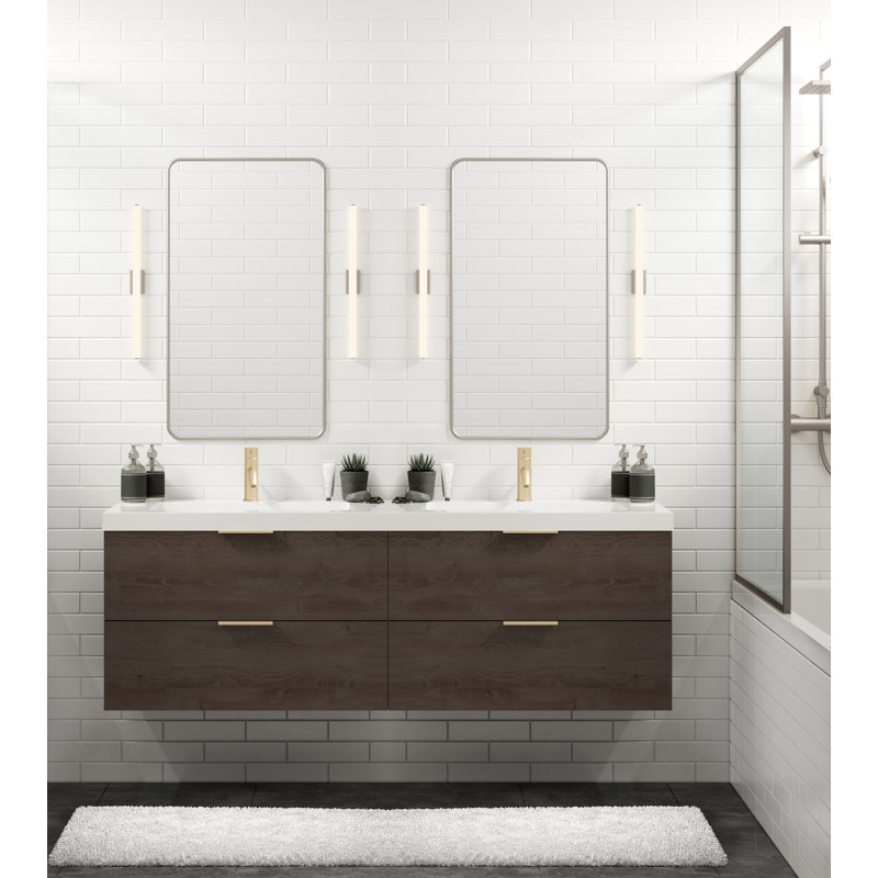 Avila 72" W Wall Mounted Double Bathroom Vanity, Satin Brass, White Acrylic, Gloss White/Single