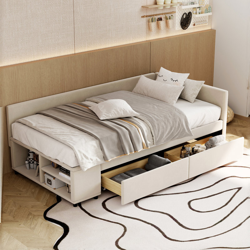 Lit plateforme simple tapissier en forme de L avec rangement et tiroirs, Beige
