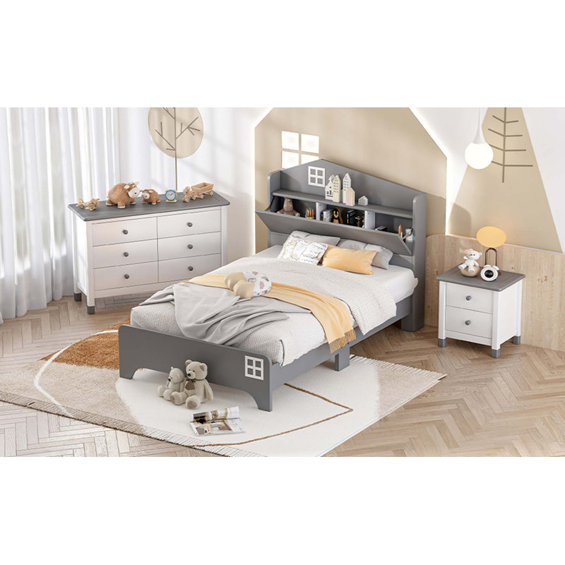 Ensemble de chambre à coucher 3 pièces avec lit tête de lit, table de chevet en bois et commode de rangement, gris, Simple
