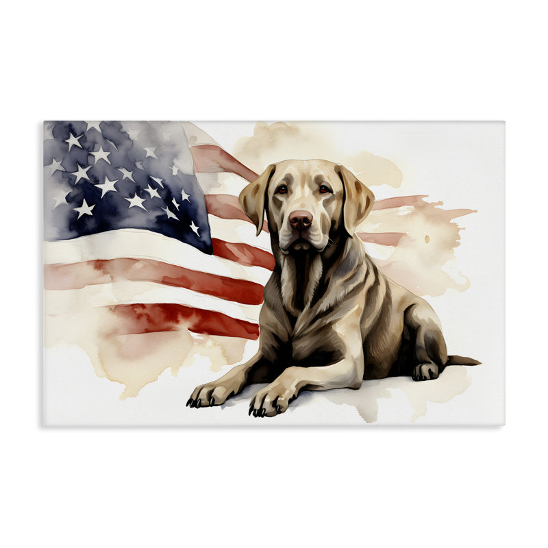 «Patriotic Dog with Flag», art mural par Petal Prints Design, H 16 po x l 24 po