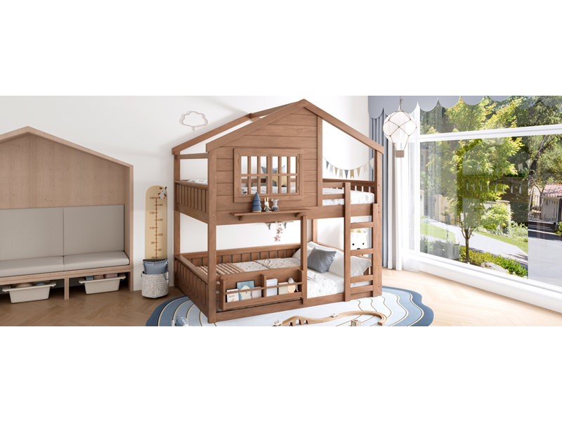 Ensemble de lit mezzanine avec design maison, bois de pin de qualité supérieure, structure peu encombrante, Natural