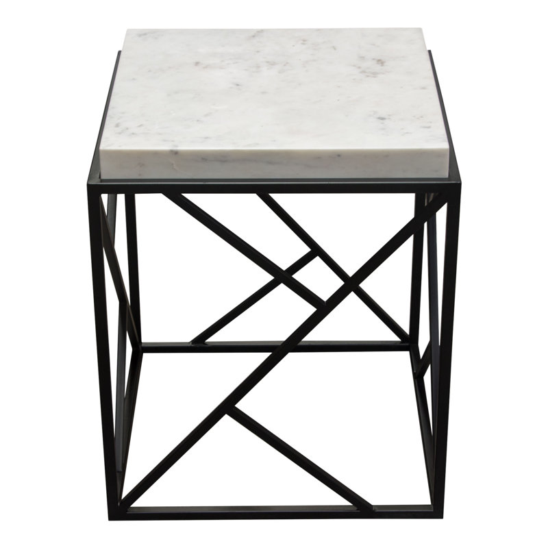 Plymouth 18" Square White Marble and Black Metal Accent Table