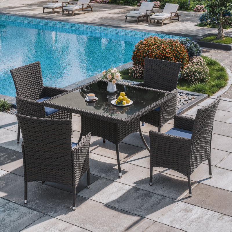 5-Piece Outdoor Rattan Dining Set With Cushions, Armchairs, And Glass-Top Table, Navy
