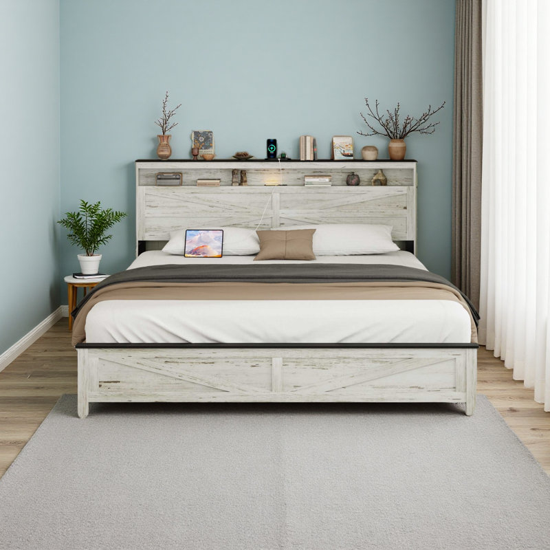 Cadre de lit avec lumières DEL et base de lit plateforme avec coussin de charge, grand lit, avec tête de lit et espace de rangement caché