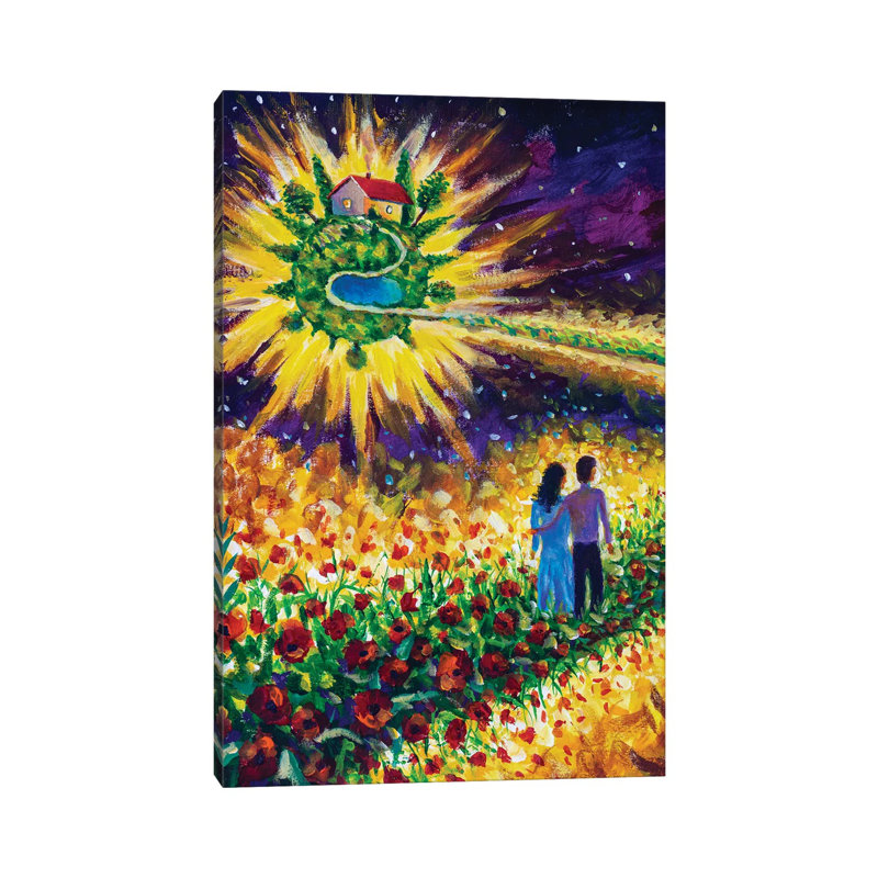Couple In Love Walk Flower Road In Cosmos To Dream by Valery Rybakow - Wrapped Canvas Painting