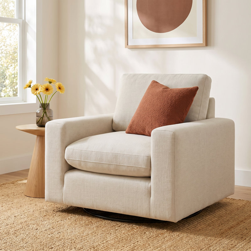 Asher 35.4' Upholstered Swivel Armchair, Effie Linen Performance Linen