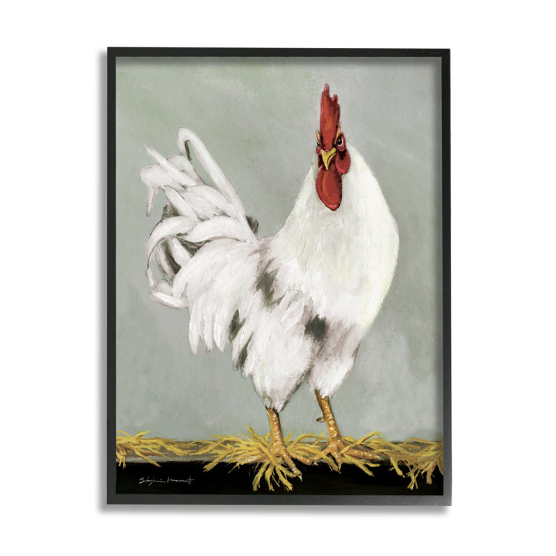«White Rooster Farmhouse Animal» par Stephanie Workman Marrott - peinture à cadre flottant sur bois