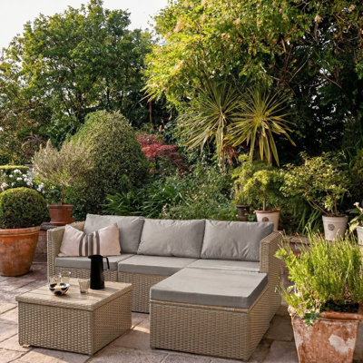 4 Seater Rattan Corner Sofa Garden Set With Polywood Top - Weave