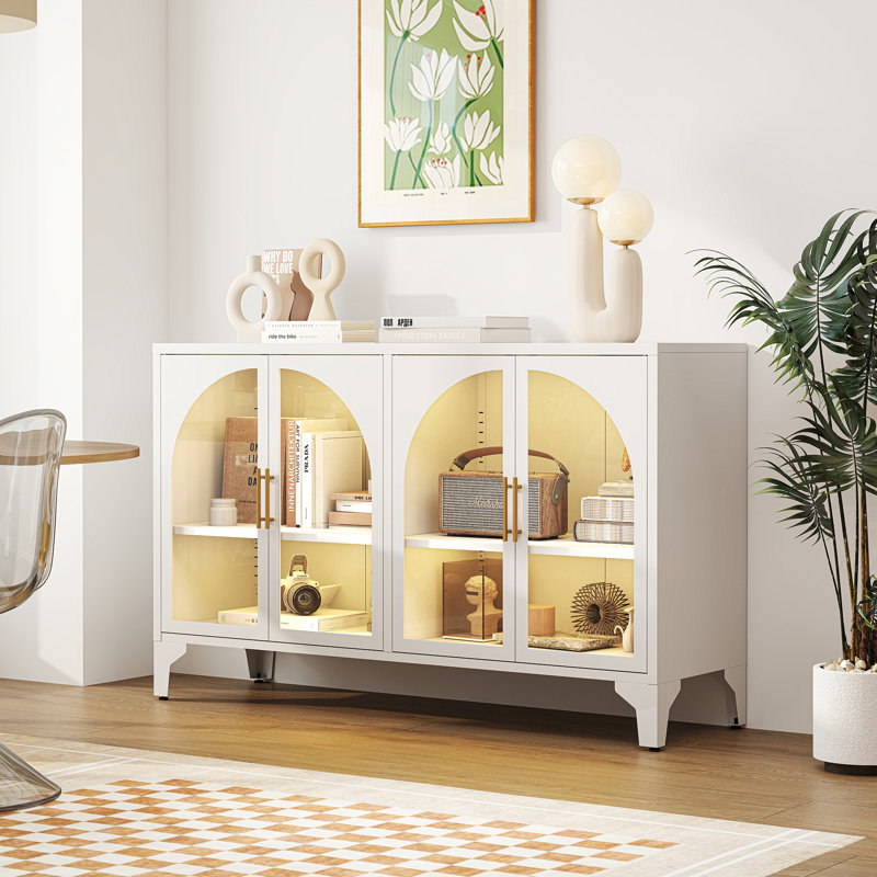 Buffet en métal l 53,2 po avec porte vitrée, tablettes réglables, lumière DEL COB, Blanc