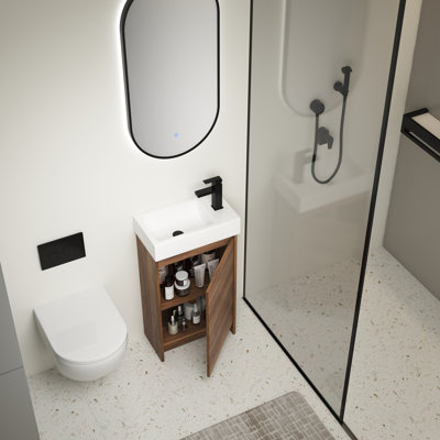 18" Freestanding Bathroom Vanity With Single Sink. Cabinet Precision Soft Closing Doors. Robust Ceramic Basin. Brown Ebony Plywood For Small Bathrooms 18 Inch Effortless Structure. Baths