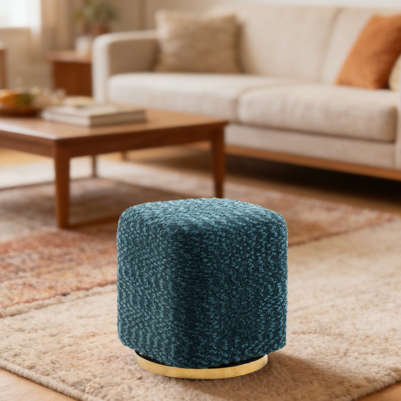15" Wide Upholstered Swivel Pouf Ottoman, Lake Blue, Gold
