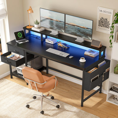 Computer Desk With Monitor Stand & Power Outlet & 2 Drawers & Side Pocket,gaming Desk With Led Lights