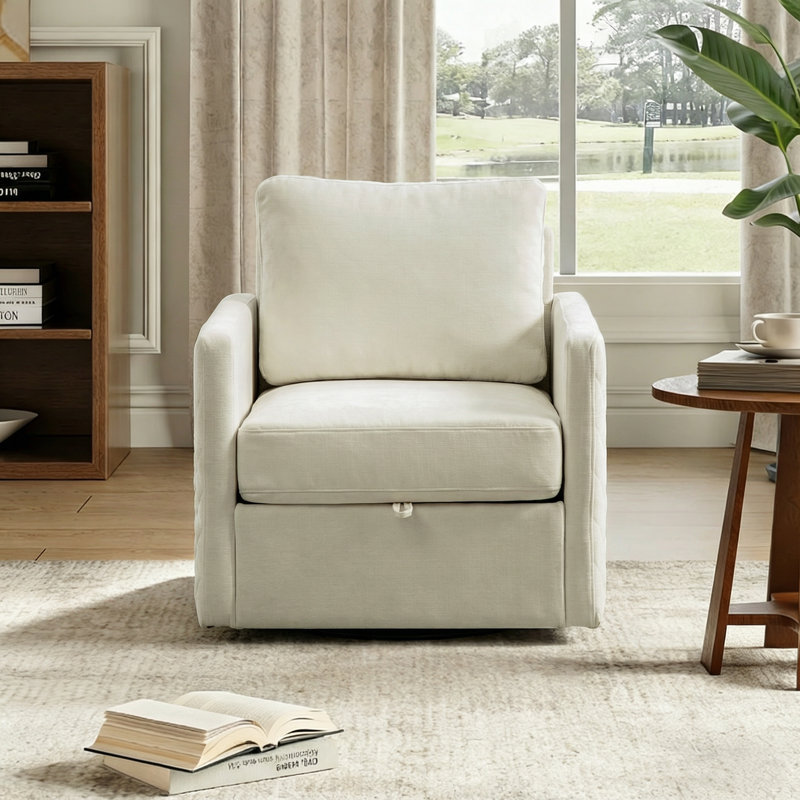 Fauteuil demi-tonneau pivotant capitonné en chenille avec rangement caché, Beige