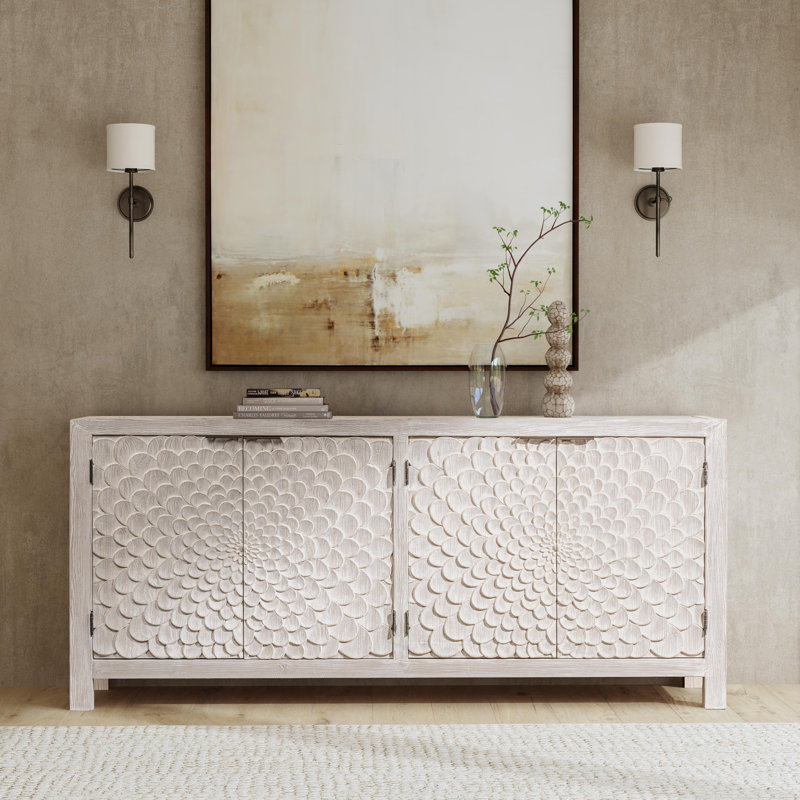 Astrid 86" Wide Pine Solid Wood Sideboard, Cream